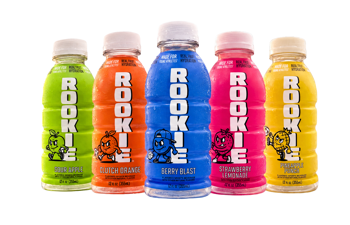 Rookie Sour Apple, Clutch Orange, Berry Blast, Strawberry Lemonade and Pineapple Punch bottles