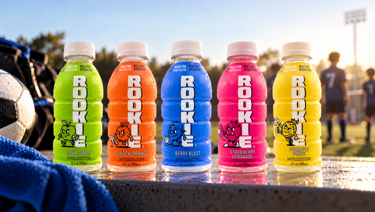 Five Rookie real-fruit hydration bottles beside a youth soccer field